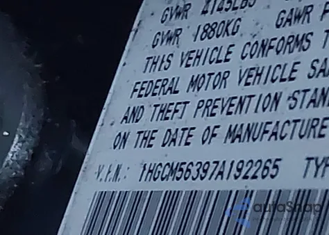 2007 Honda Accord 2.4 Se from USA, damaged, VIN 1HGCM56397A192265
